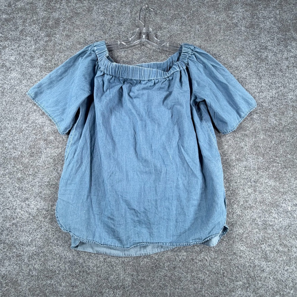 Michael Kors Blouse Top Womens L Blue Denim Off the Shoulder Short Sleeve